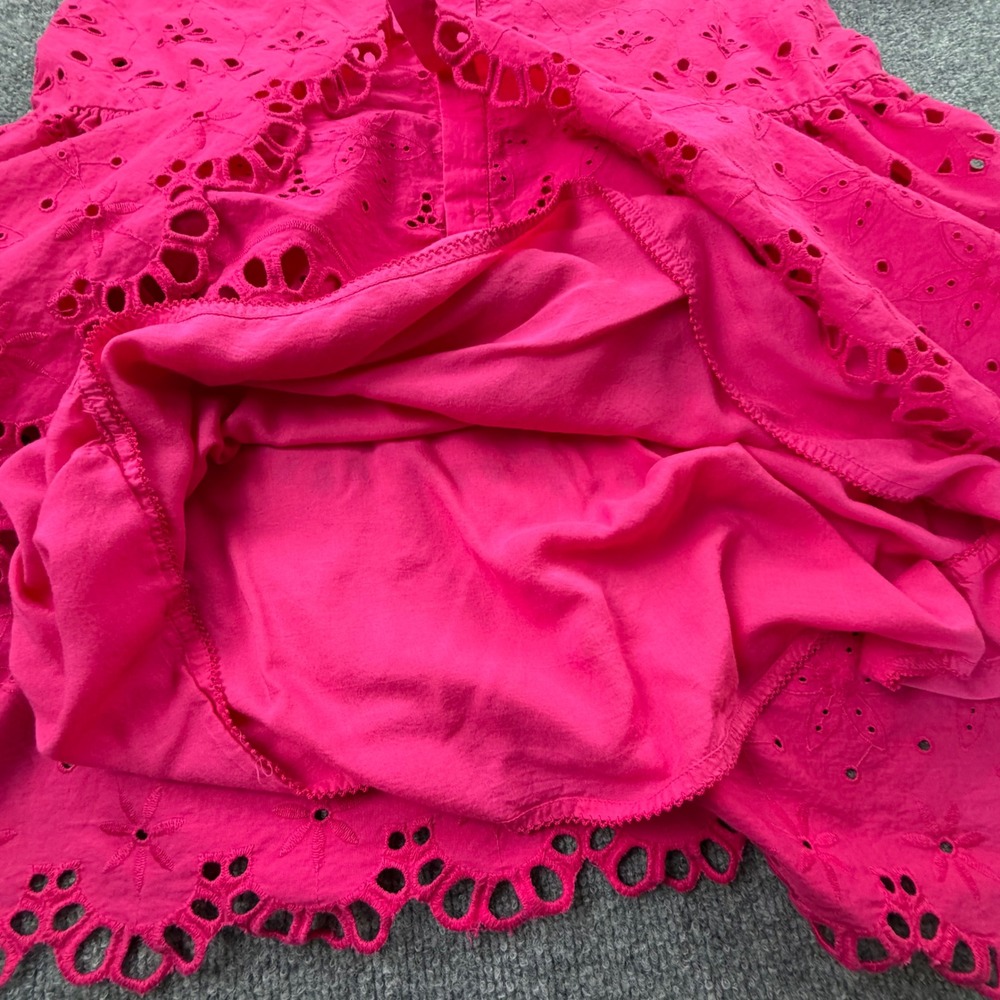 Anthropologie Hot Pink Eyelet Mini Dress Short Puff Sleeve Cotton Tiered Size L - Picture 10 of 13